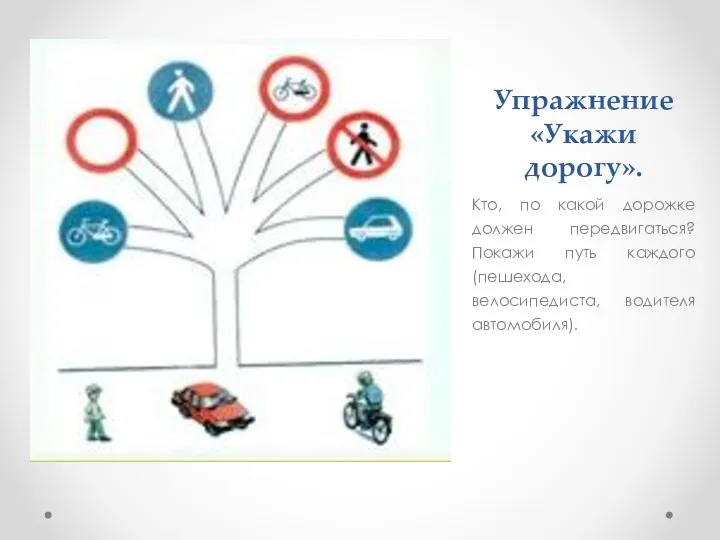 Упражнение «Укажи дорогу». Кто, по какой дорожке должен передвигаться? Покажи путь каждого (пешехода, велосипедиста, водителя автомобиля).