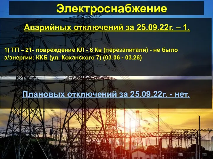 Электроснабжение Аварийных отключений за 25.09.22г. – 1. 1) ТП – 21- повреждение