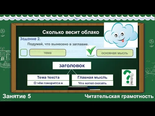 Занятие 5 Читательская грамотность Сколько весит облако заголовок Главная мысль текста О