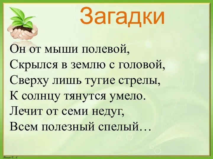 Загадки Он от мыши полевой, Скрылся в землю с головой, Сверху лишь