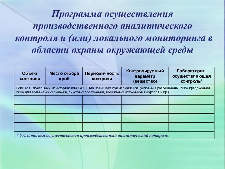 Программа осуществления производственного аналитического контроля и (или) локального мониторинга в области охраны окружающей среды