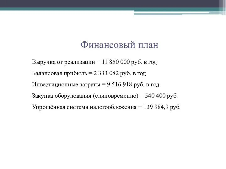 Финансовый план Выручка от реализации = 11 850 000 руб. в год