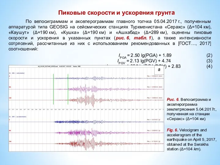 По велосиграммам и акселерограммам главного толчка 05.04.2017 г., полученным аппаратурой типа GEOSIG