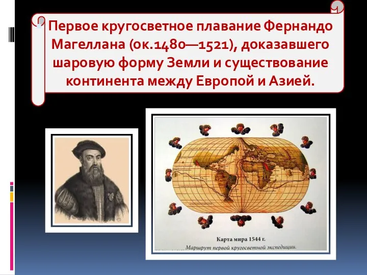 Первое кругосветное плавание Фернандо Магеллана (ок.1480—1521), доказавшего шаровую форму Земли и существование