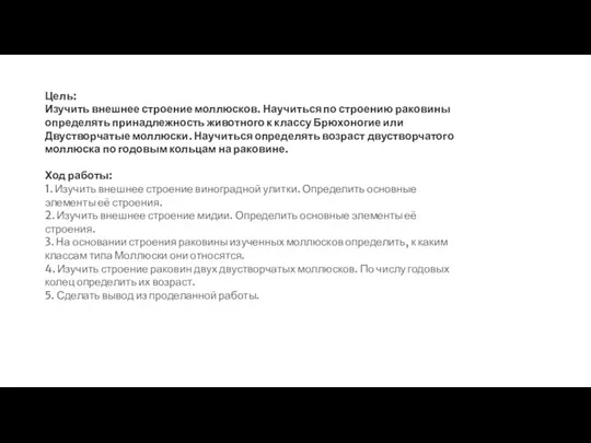 Цель: Изучить внешнее строение моллюсков. Научиться по строению раковины определять принадлежность животного