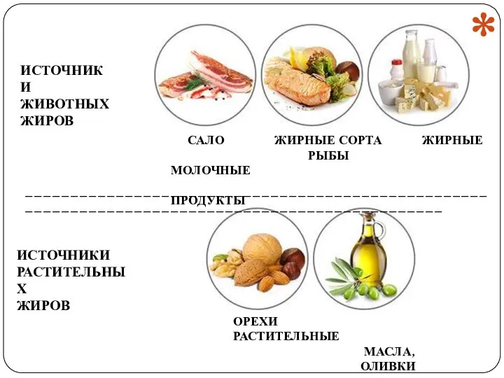 ИСТОЧНИКИ ЖИВОТНЫХ ЖИРОВ САЛО ЖИРНЫЕ СОРТА ЖИРНЫЕ РЫБЫ МОЛОЧНЫЕ ПРОДУКТЫ ИСТОЧНИКИ РАСТИТЕЛЬНЫХ