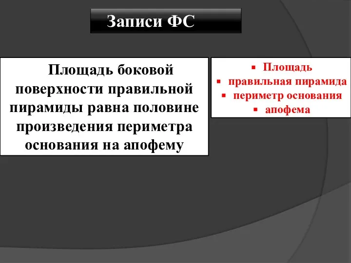 Записи ФС Площадь боковой поверхности правильной пирамиды равна половине произведения периметра основания