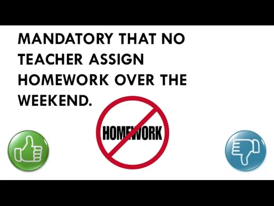15. IT SHOULD BE MANDATORY THAT NO TEACHER ASSIGN HOMEWORK OVER THE WEEKEND.