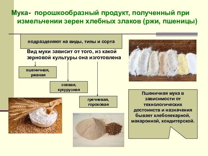 Мука- порошкообразный продукт, полученный при измельчении зерен хлебных злаков (ржи, пшеницы) подразделяют