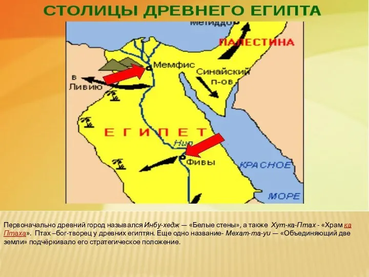 Первоначально древний город назывался Инбу-хедж — «Белые стены», а также Хут-ка-Птах -