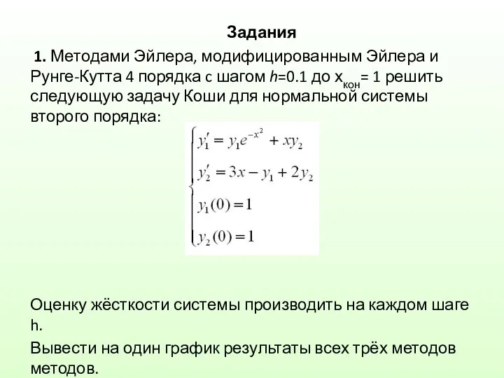 Задания 1. Методами Эйлера, модифицированным Эйлера и Рунге-Кутта 4 порядка c шагом