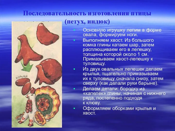 Последовательность изготовления птицы (петух, индюк) Основную игрушку лепим в форме овала, формируем