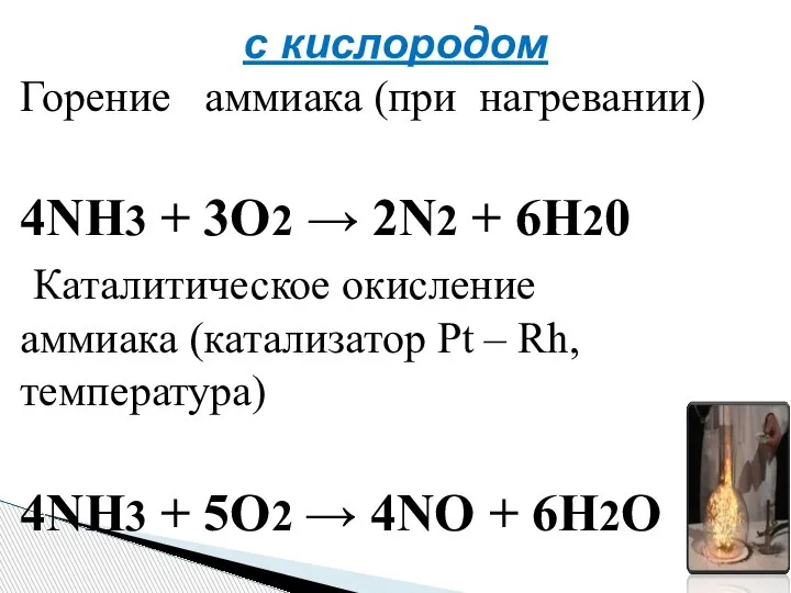 с кислородом Горение аммиака (при нагревании) 4NH3 + 3O2 → 2N2 +