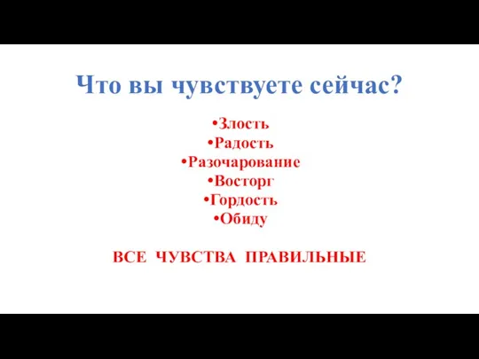 Что вы чувствуете сейчас? Злость Радость Разочарование Восторг Гордость Обиду ВСЕ ЧУВСТВА ПРАВИЛЬНЫЕ