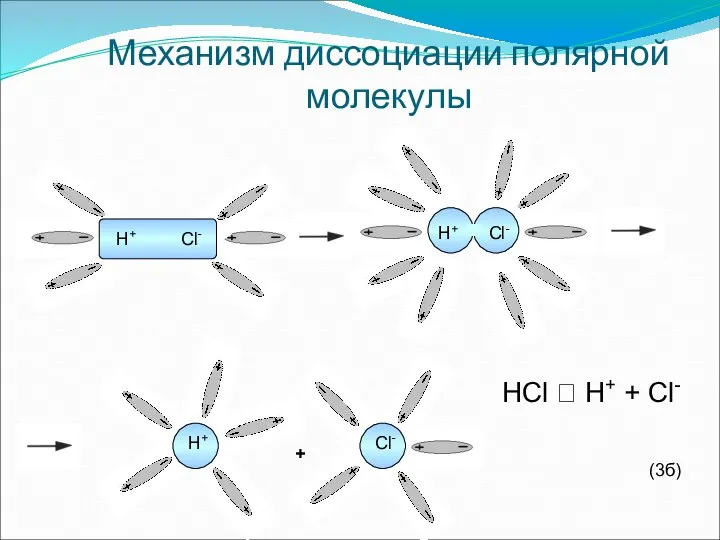 Механизм диссоциации полярной молекулы H+ Cl- H+ Cl- H+ Cl- + HCl