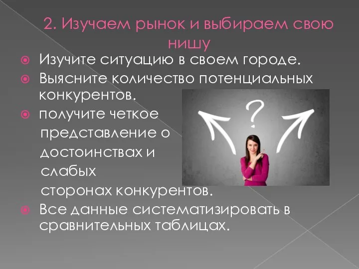 2. Изучаем рынок и выбираем свою нишу Изучите ситуацию в своем городе.