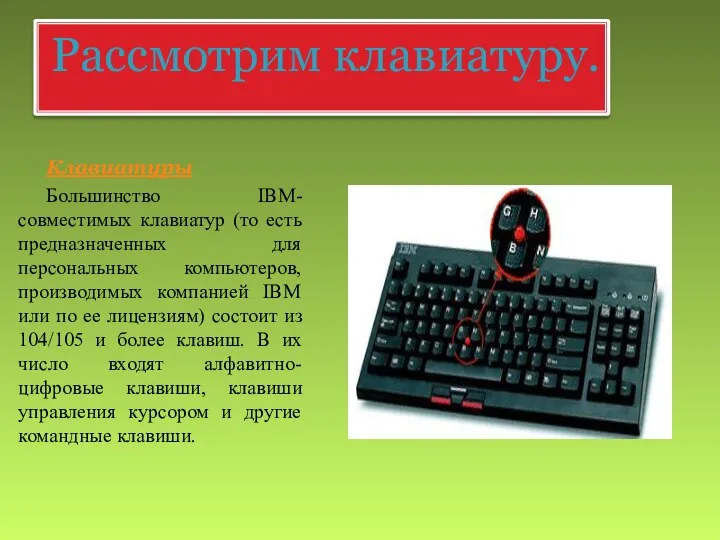 Рассмотрим клавиатуру. Клавиатуры Большинство IBM-совместимых клавиатур (то есть предназначенных для персональных компьютеров,