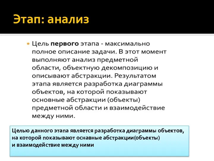 Этап: анализ Целью данного этапа является разработка диаграммы объектов, на которой показывают