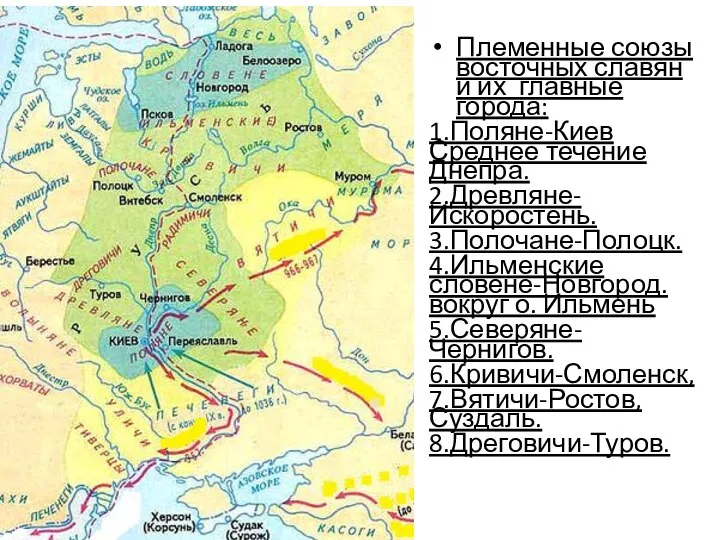 Племенные союзы восточных славян и их главные города: 1.Поляне-Киев Среднее течение Днепра.
