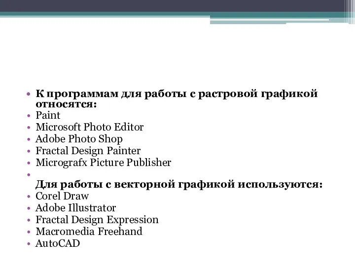 К программам для работы с растровой графикой относятся: Paint Microsoft Photo Editor