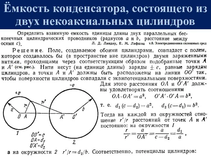 Метод конформного отображения Ёмкость конденсатора, состоящего из двух некоаксиальных цилиндров