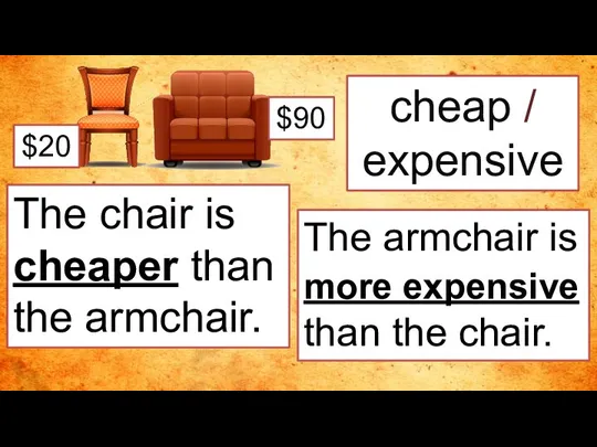 cheap / expensive The chair is cheaper than the armchair. The armchair