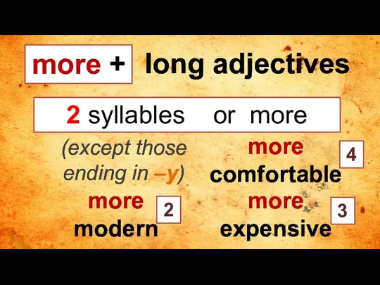 (except those ending in –y) long adjectives 2 syllables or more more