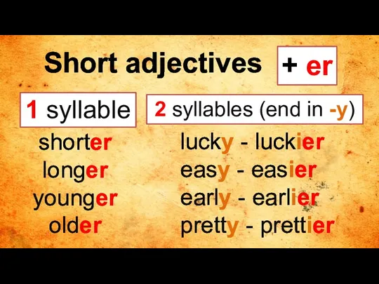 shorter longer younger older Short adjectives 1 syllable lucky - luckier easy