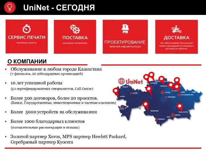 UniNet - СЕГОДНЯ Обслуживание в любом городе Казахстана (7 филиалов, 26 субподрядных