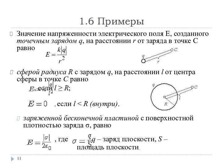 1.6 Примеры Значение напряженности электрического поля E, созданного точечным зарядом q, на