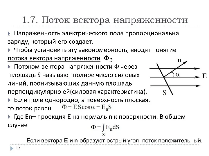 1.7. Поток вектора напряженности Если вектора E и n образуют острый угол, поток положительный.