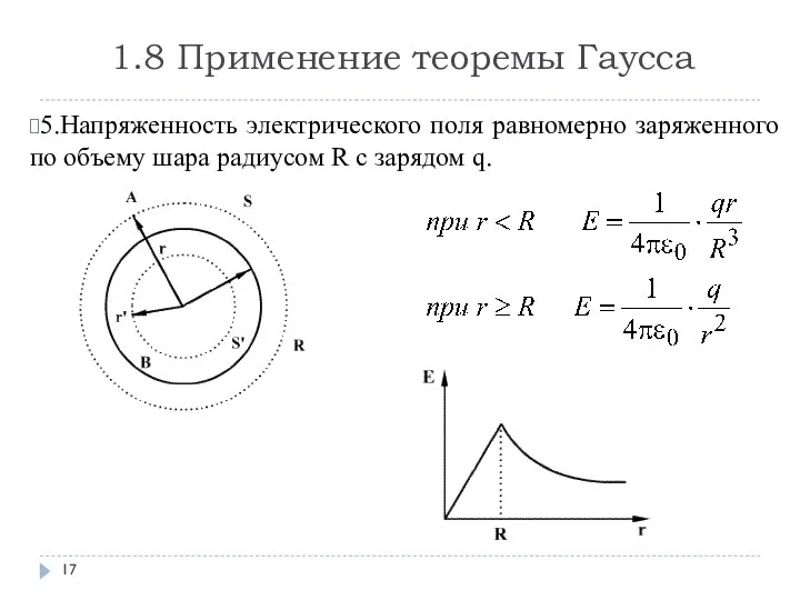 1.8 Применение теоремы Гаусса 5.Напряженность электрического поля равномерно заряженного по объему шара