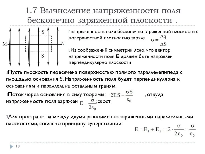 1.7 Вычисление напряженности поля бесконечно заряженной плоскости . напряженность поля бесконечно заряженной