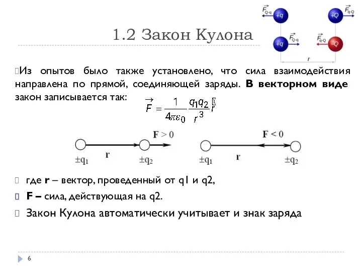 1.2 Закон Кулона Из опытов было также установлено, что сила взаимодействия направлена