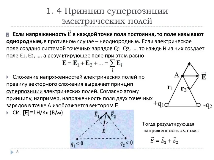 1. 4 Принцип суперпозиции электрических полей Тогда результирующая напряженность эл. поля: