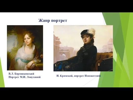 Жанр портрет В.Л. Боровиковский Портрет М.И. Лопухиной И. Крамской, портрет Неизвестной