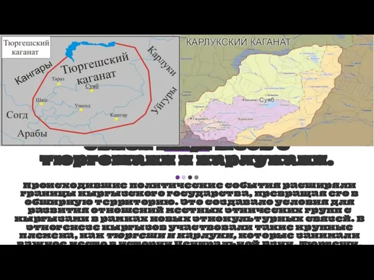 Связи кыргызов с тюргешами и карлуками. Происходившие по­литические события расширяли границы кыргызского