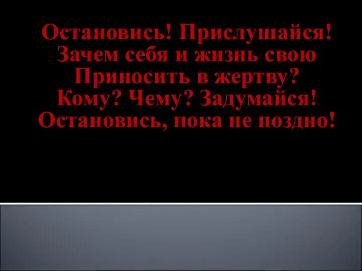 Остановись! Прислушайся! Зачем себя и жизнь свою Приносить в жертву? Кому? Чему?