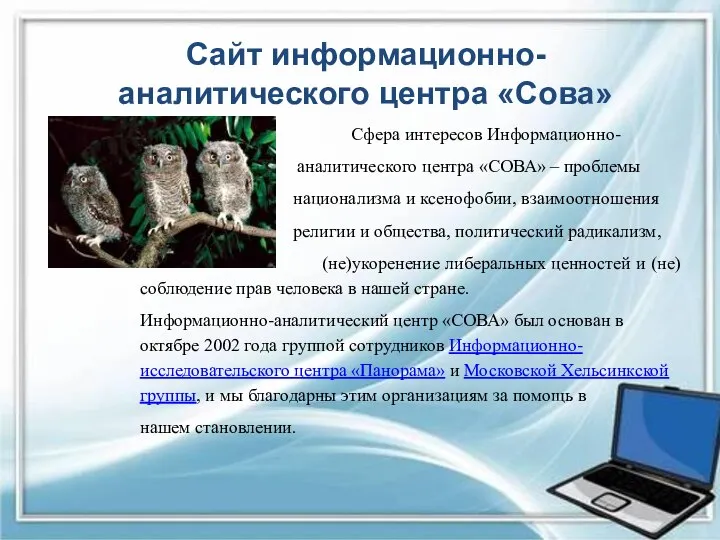Сайт информационно-аналитического центра «Сова» Сфера интересов Информационно- аналитического центра «СОВА» – проблемы