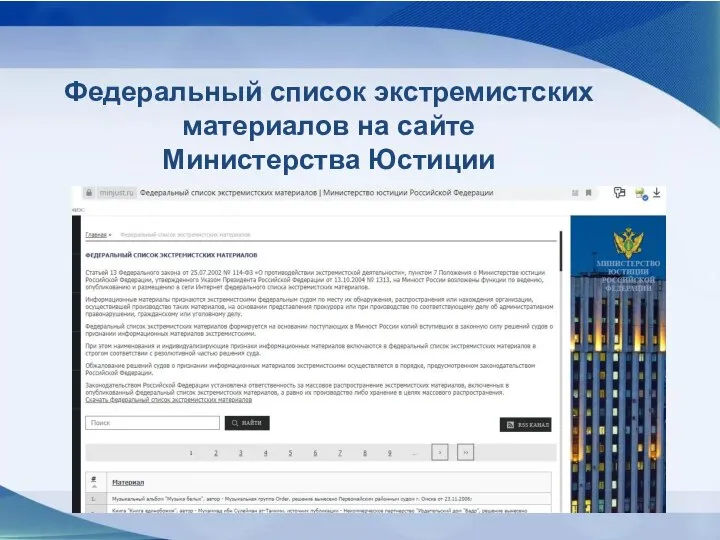 Федеральный список экстремистских материалов на сайте Министерства Юстиции