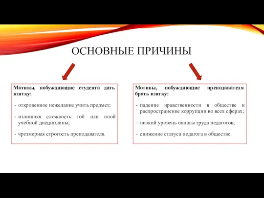 ОСНОВНЫЕ ПРИЧИНЫ Мотивы, побуждающие студента дать взятку: откровенное нежелание учить предмет; излишняя