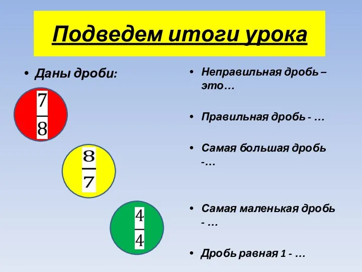 Подведем итоги урока Даны дроби: Неправильная дробь –это… Правильная дробь - …