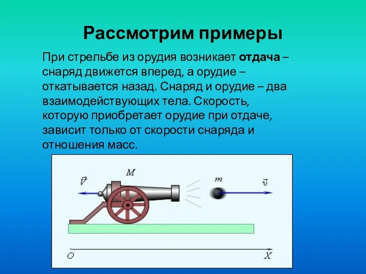 Рассмотрим примеры При стрельбе из орудия возникает отдача – снаряд движется вперед,