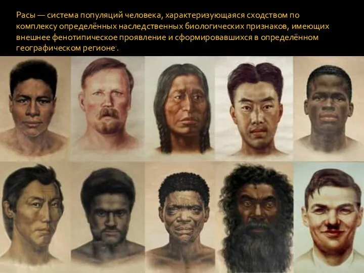 Расы — система популяций человека, характеризующаяся сходством по комплексу определённых наследственных биологических