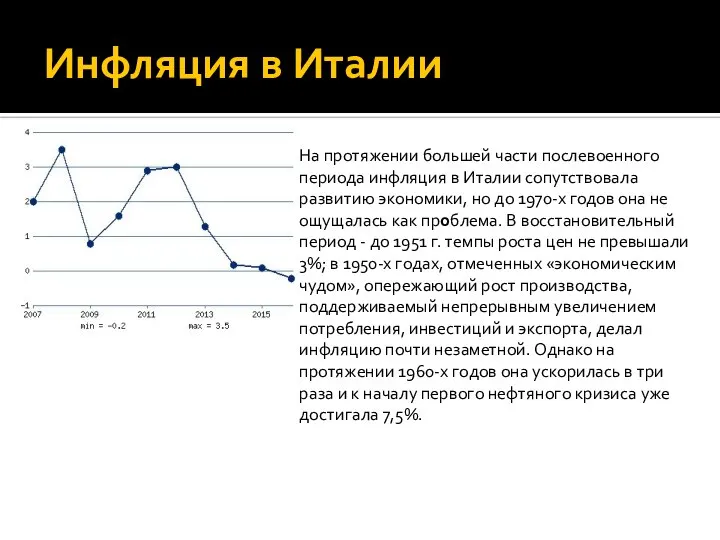 Инфляция в Италии На протяжении большей части послевоенного периода инфляция в Италии