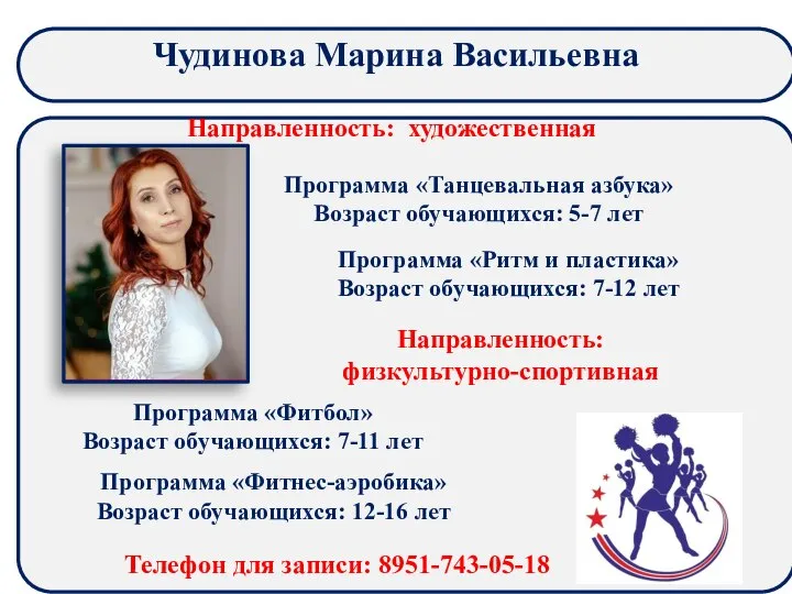 Чудинова Марина Васильевна Программа «Танцевальная азбука» Возраст обучающихся: 5-7 лет Направленность: художественная