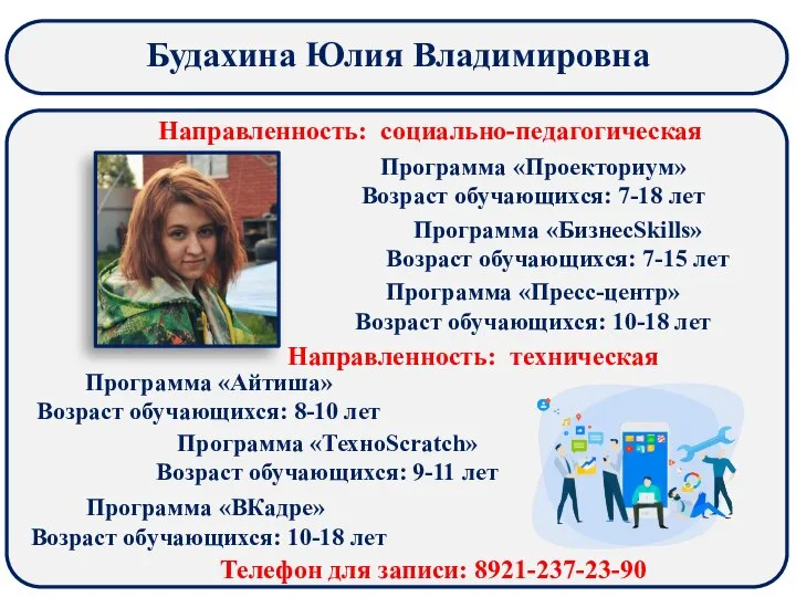 Будахина Юлия Владимировна Направленность: техническая Программа «Айтиша» Возраст обучающихся: 8-10 лет Направленность: