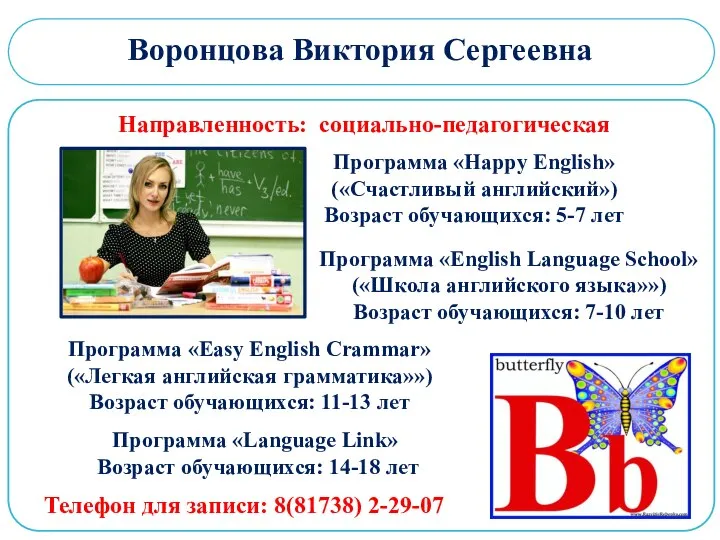 Воронцова Виктория Сергеевна Направленность: социально-педагогическая Программа «Happy English» («Счастливый английский») Возраст обучающихся: