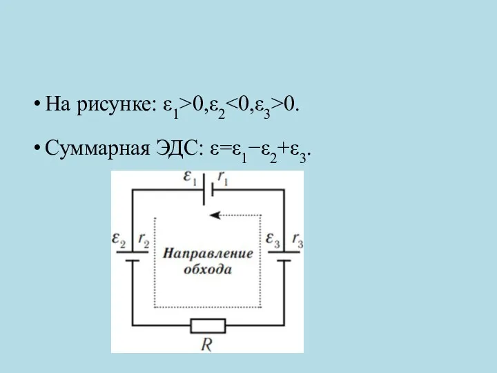 На рисунке: ​ε1>0,ε2 0.​ Суммарная ЭДС: ε=ε1−ε2+ε3.