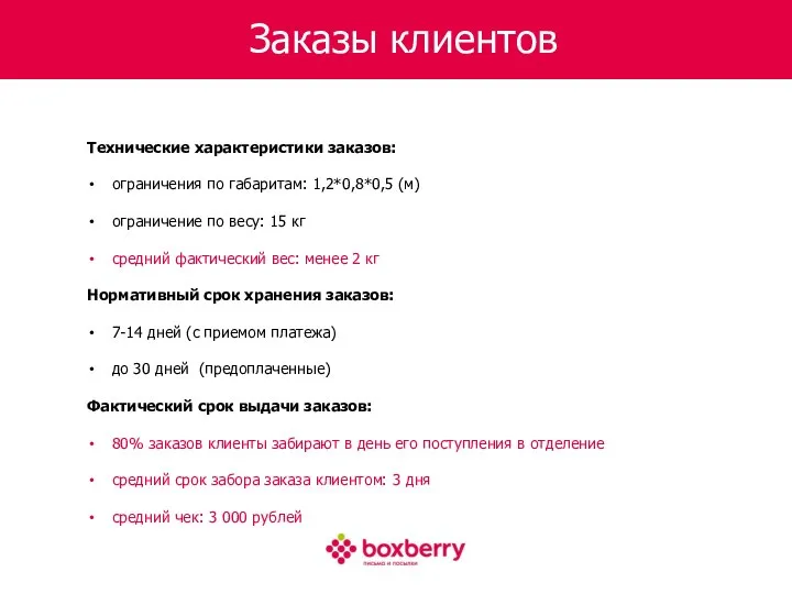 Заказы клиентов Технические характеристики заказов: ограничения по габаритам: 1,2*0,8*0,5 (м) ограничение по